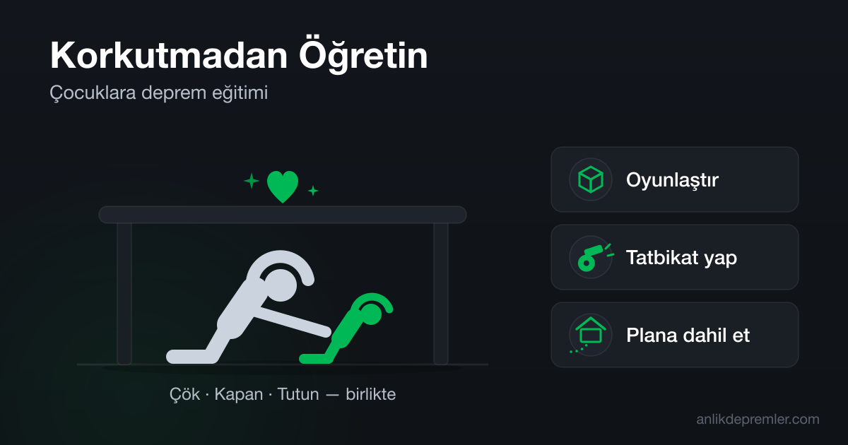 Masa altında birlikte çök-kapan-tutun tatbikatı yapan ebeveyn ve çocuk illüstrasyonu