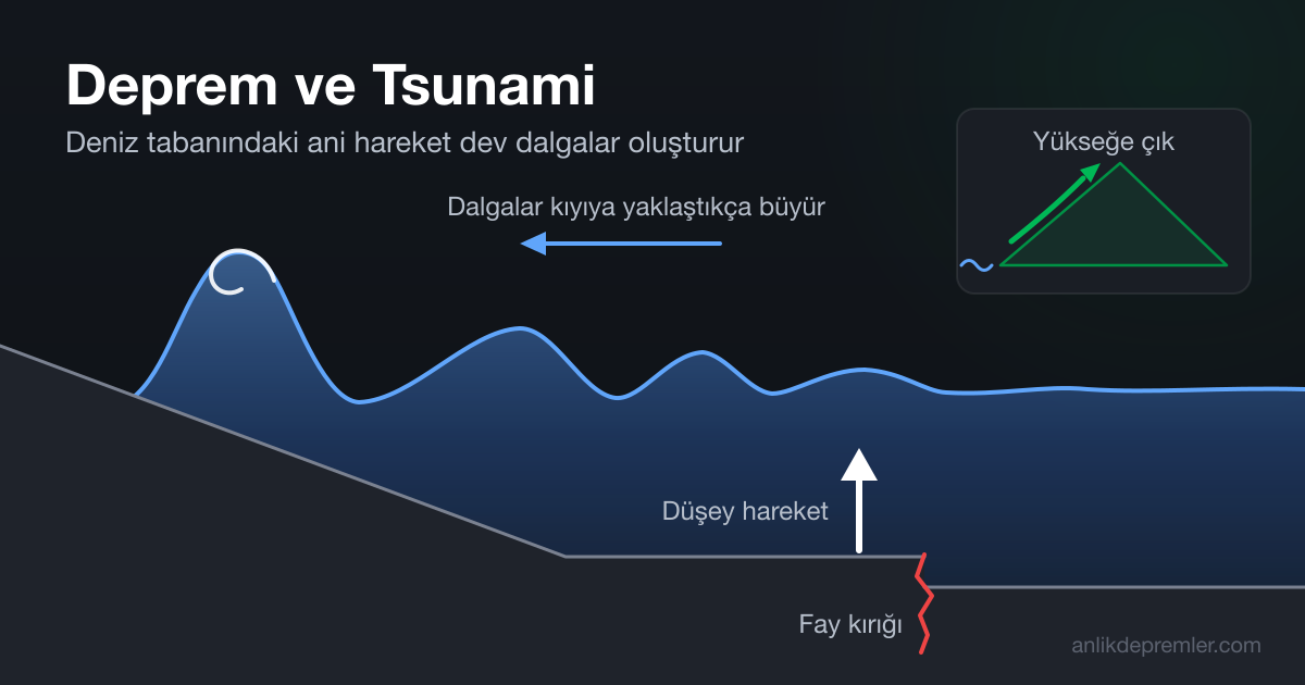 Deniz tabanındaki fay hareketinin kıyıya yaklaştıkça büyüyen tsunami dalgası oluşturmasını gösteren kesit