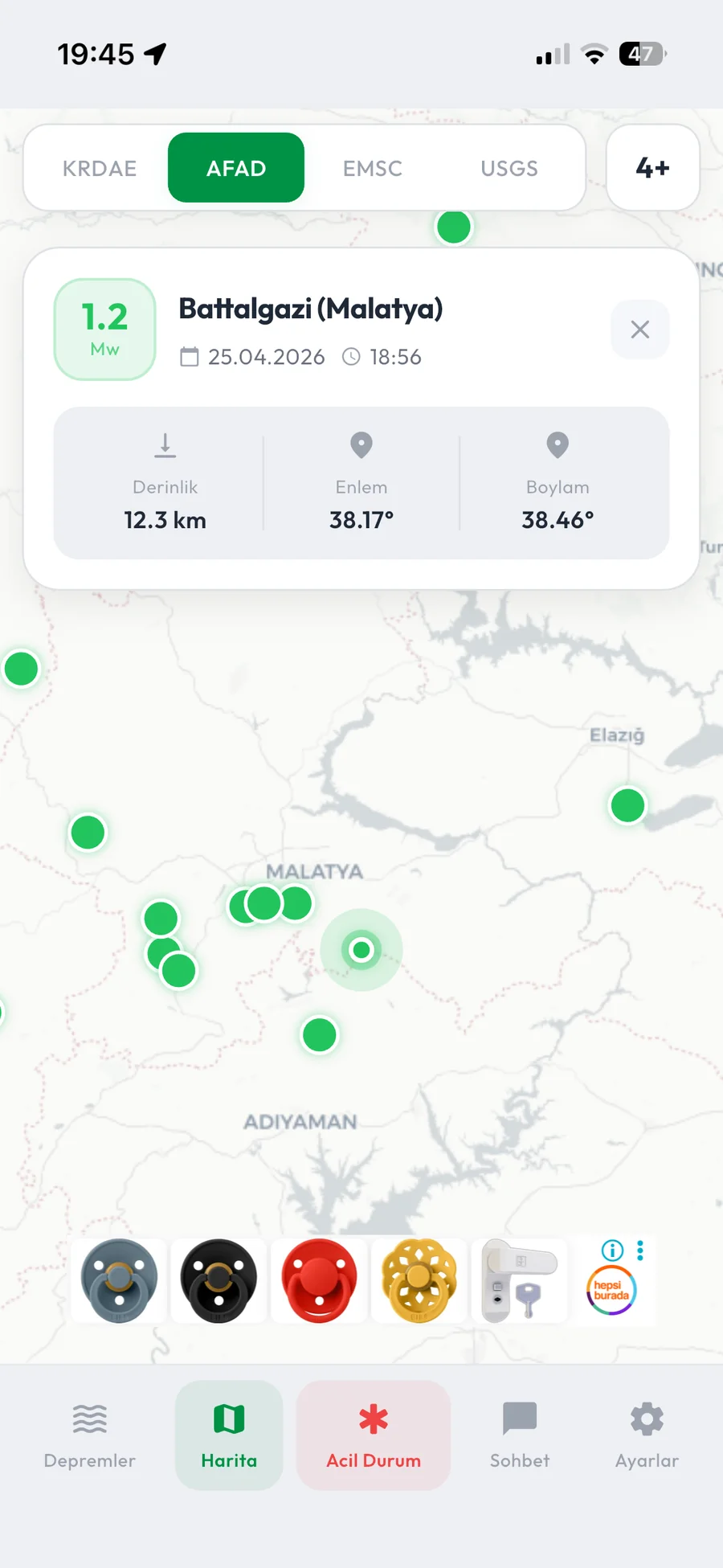 İnteraktif Türkiye haritası — bölgedeki tüm depremler renk kodlu