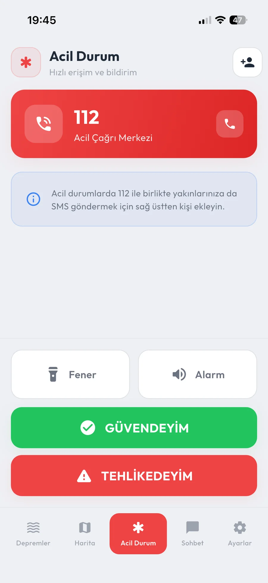 Acil Durum ekranı — 112 Acil Çağrı Merkezi butonu, fener, alarm ve güvendeyim/tehlikedeyim seçenekleri