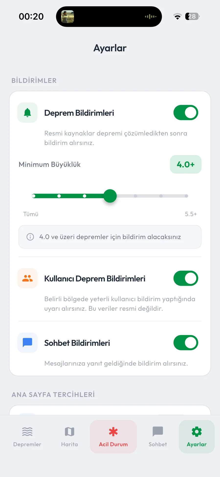 Bildirim ayarları ekranı: minimum büyüklük slider, kullanıcı bildirimleri ve sohbet bildirim toggle'ları